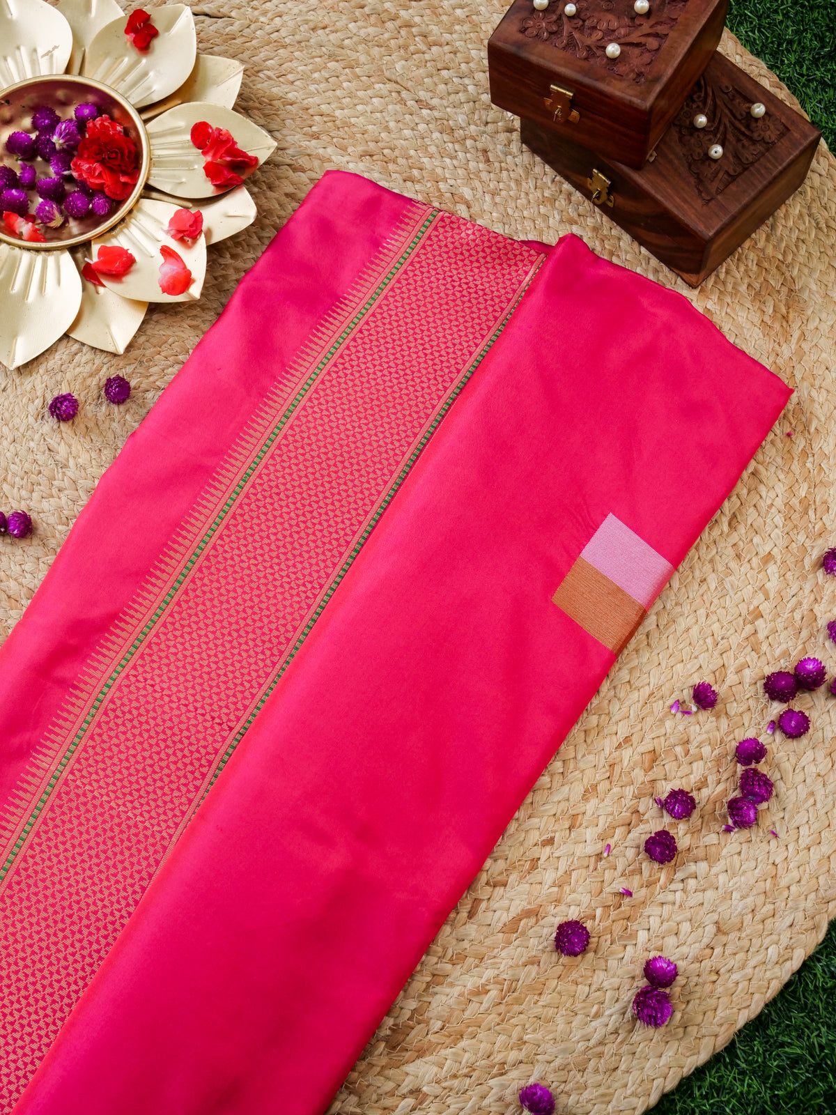 Handwoven Banarasi Katan Silk Double Tani Saree in Cerise Pink