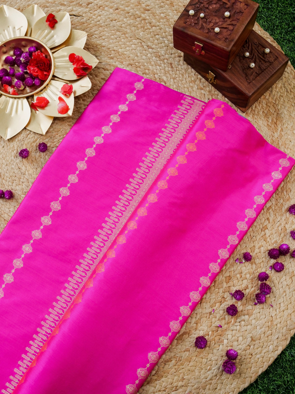 Handwoven Banarasi Katan Silk Kadwa Stripe Saree in Rani Pink