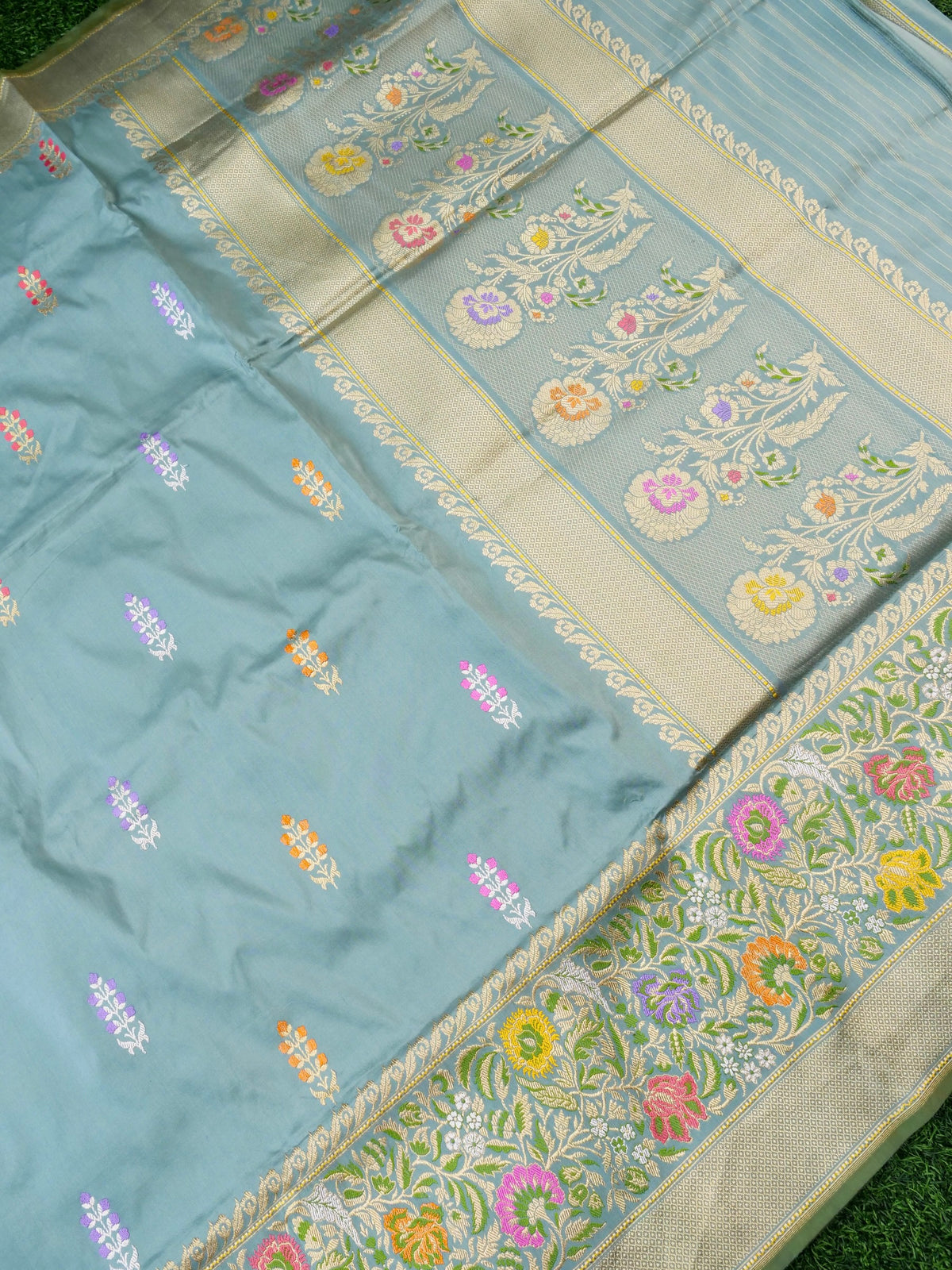 Handwoven Banarasi Katan Silk Tanchoi Tilfi Border Saree in Duck Egg Blue