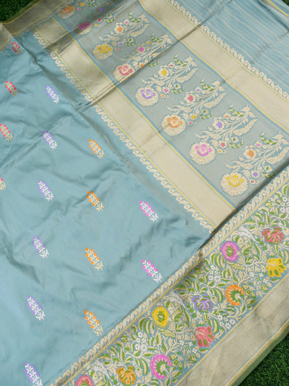 Handwoven Banarasi Katan Silk Tanchoi Tilfi Border Saree in Duck Egg Blue