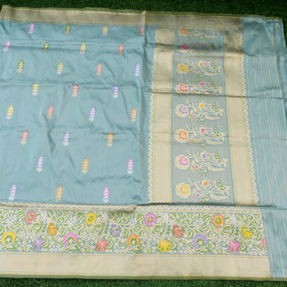 Handwoven Banarasi Katan Silk Tanchoi Tilfi Border Saree in Duck Egg Blue