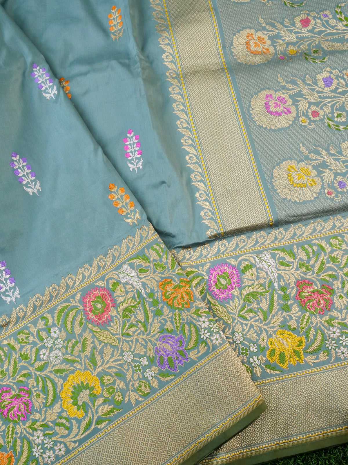 Handwoven Banarasi Katan Silk Tanchoi Tilfi Border Saree in Duck Egg Blue