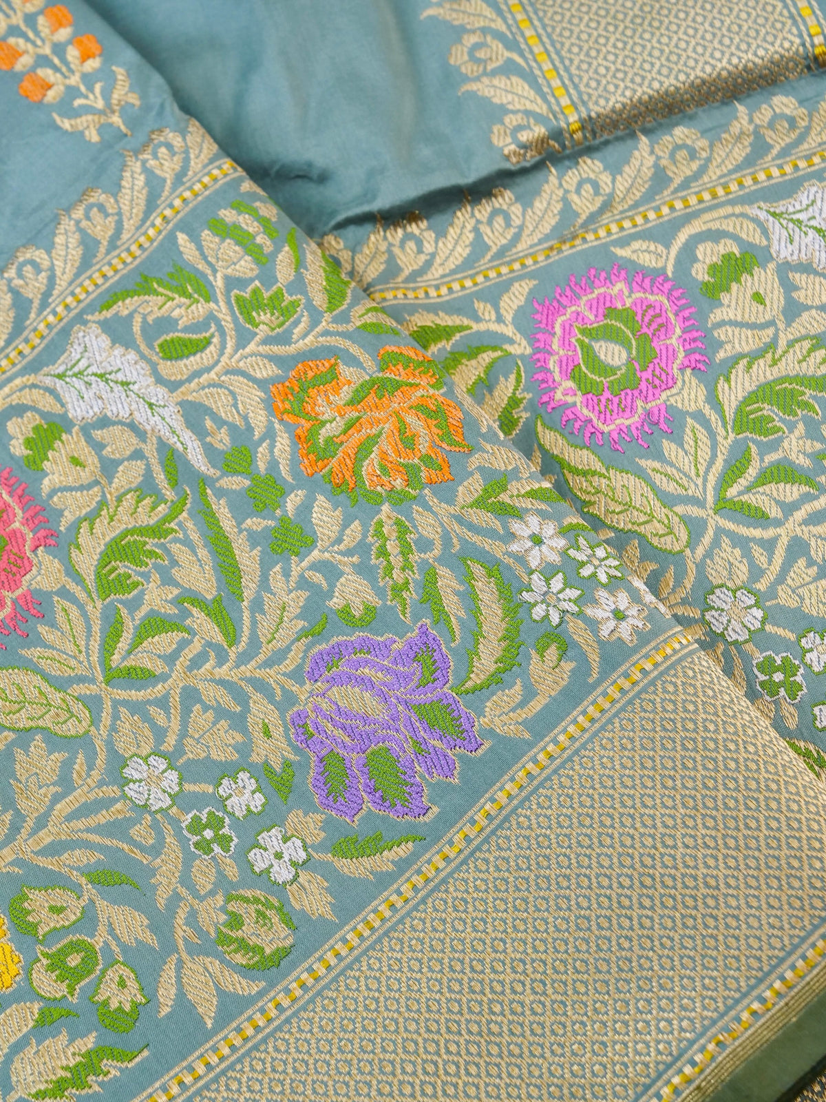 Handwoven Banarasi Katan Silk Tanchoi Tilfi Border Saree in Duck Egg Blue