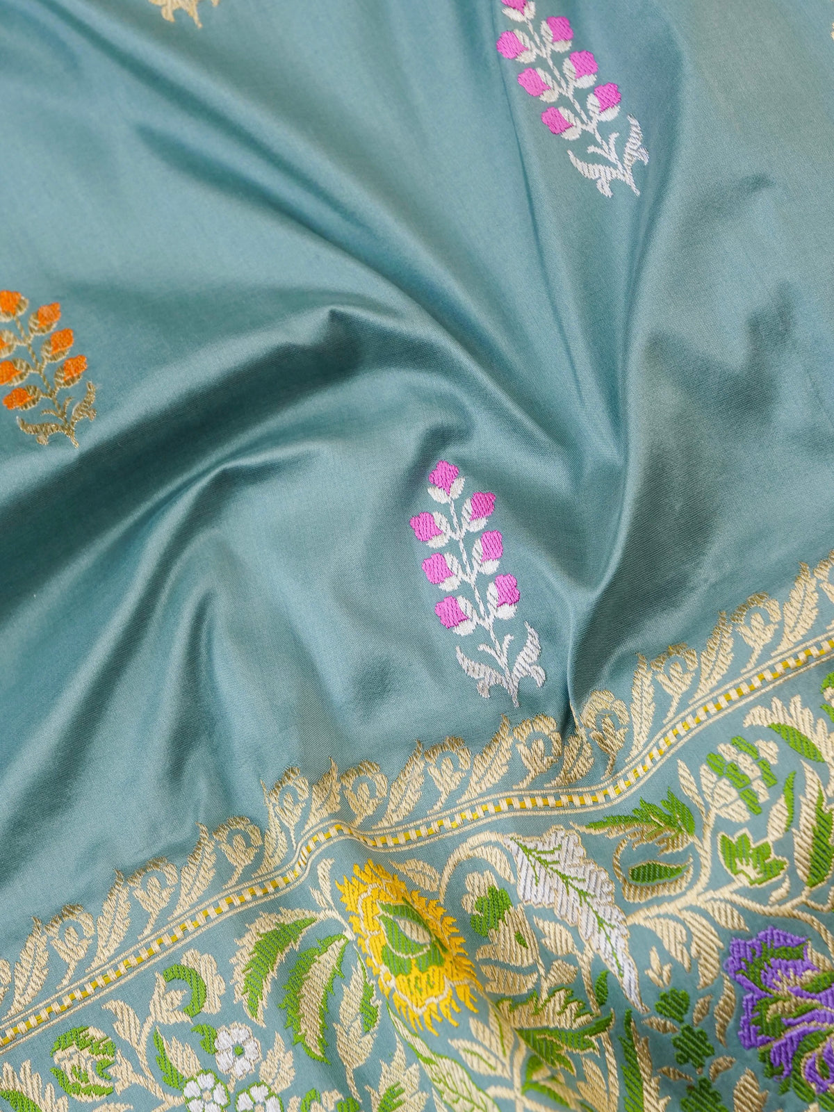 Handwoven Banarasi Katan Silk Tanchoi Tilfi Border Saree in Duck Egg Blue