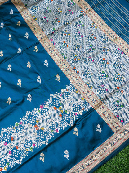 Handwoven Banarasi Katan Silk Kadwa Booti Saree with Tilfi Skirt Border in Sapphire Blue