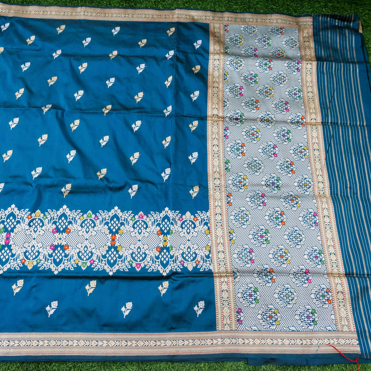 Handwoven Banarasi Katan Silk Kadwa Booti Saree with Tilfi Skirt Border in Sapphire Blue