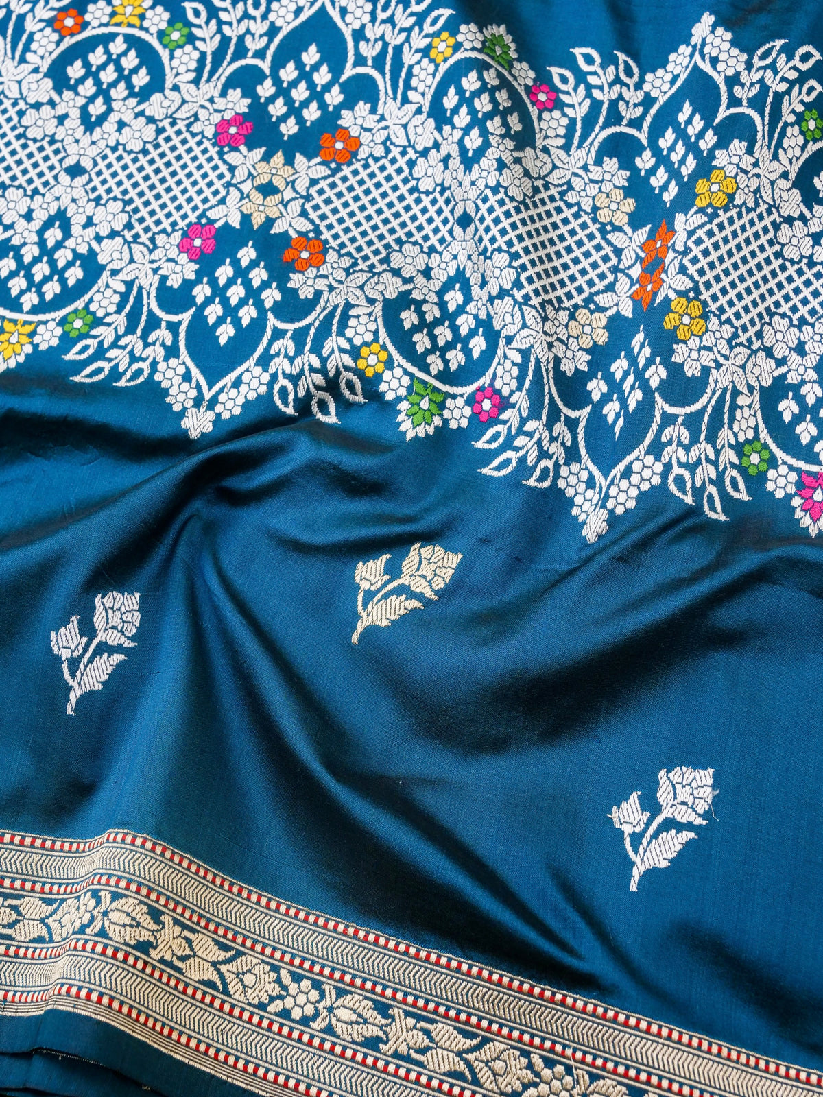Handwoven Banarasi Katan Silk Kadwa Booti Saree with Tilfi Skirt Border in Sapphire Blue