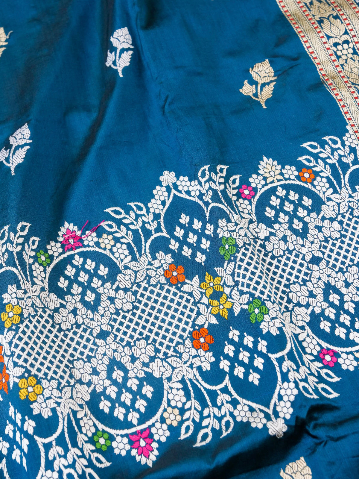 Handwoven Banarasi Katan Silk Kadwa Booti Saree with Tilfi Skirt Border in Sapphire Blue