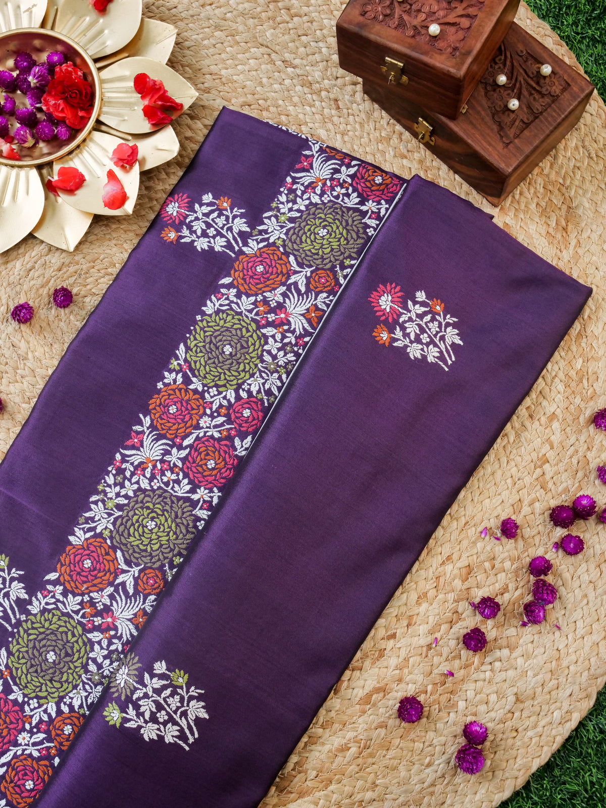 Handwoven Banarasi Katan Silk Kadwa Saree with Floral Border in Purple