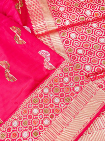 Handwoven Banarasi Katan Silk Double Tani Alfi Boota Saree in Cerise Pink