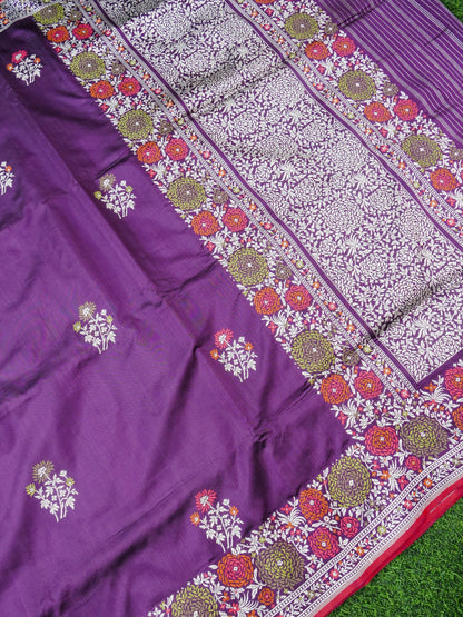 Handwoven Banarasi Katan Silk Kadwa Saree with Floral Border in Purple