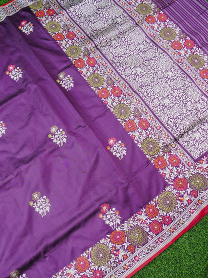 Handwoven Banarasi Katan Silk Kadwa Saree with Floral Border in Purple