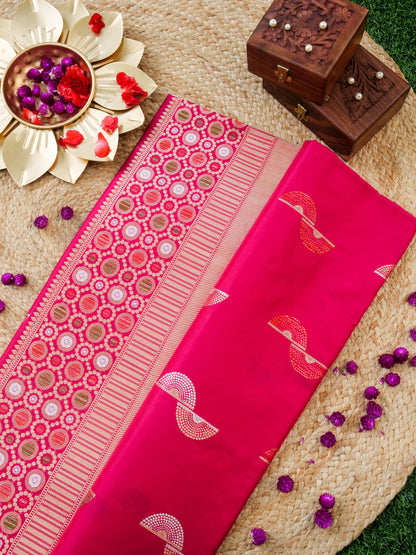 Handwoven Banarasi Katan Silk Double Tani Alfi Boota Saree in Cerise Pink