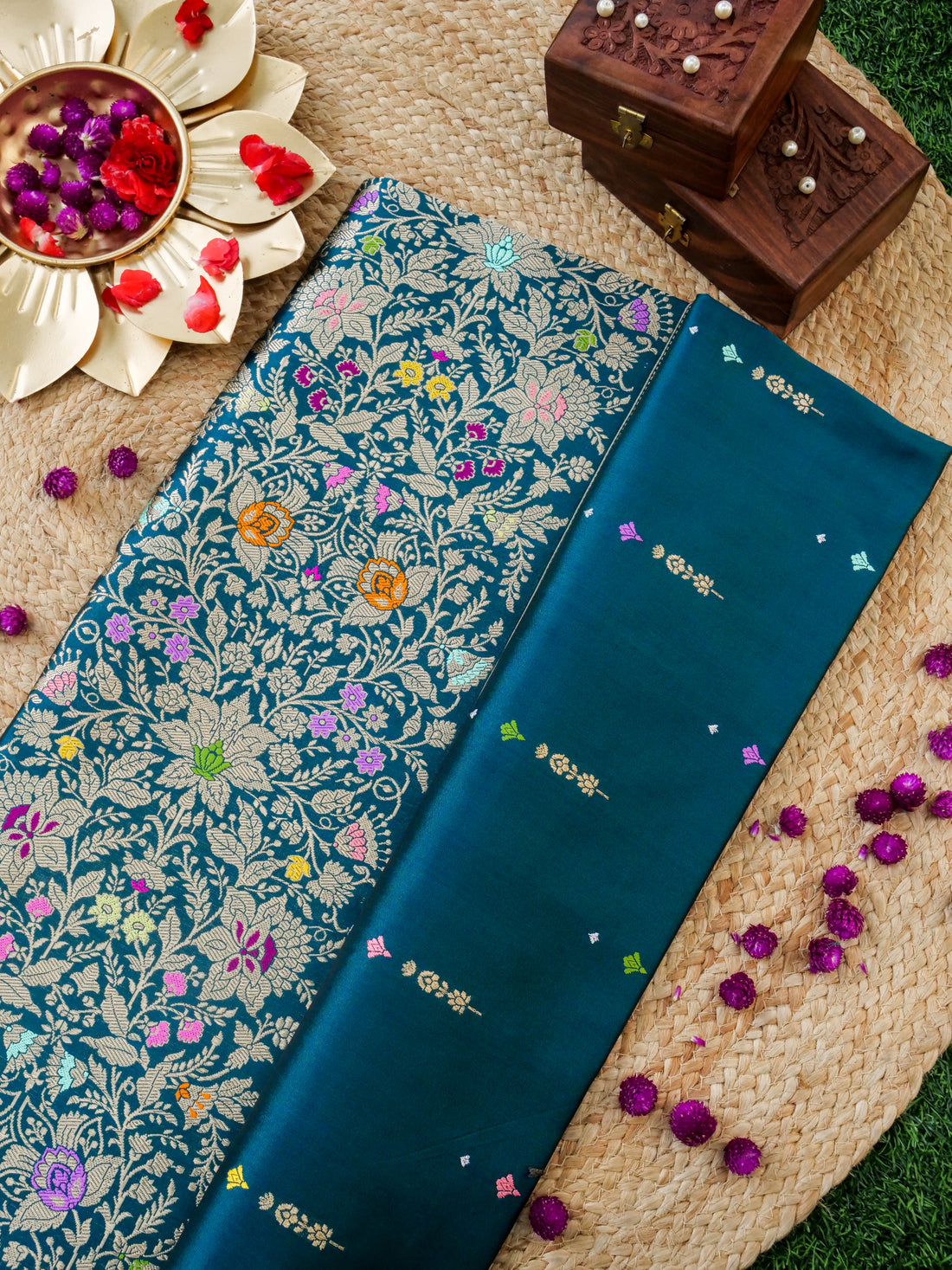 Handwoven Banarasi Katan Silk Kadwa Booti Saree with Tilfi Skirt Border in Sapphire Blue