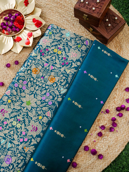 Handwoven Banarasi Katan Silk Kadwa Booti Saree with Tilfi Skirt Border in Sapphire Blue