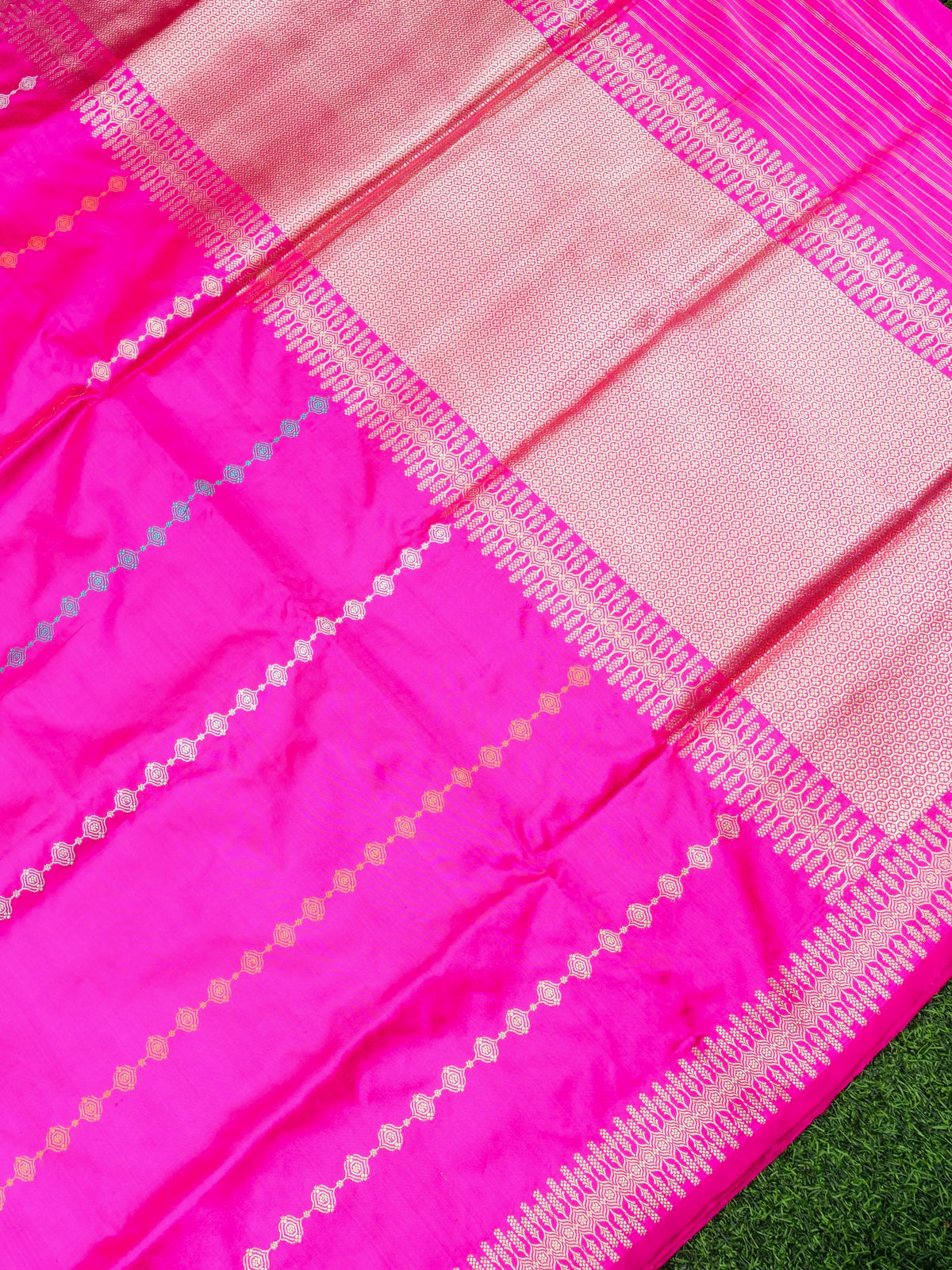 Handwoven Banarasi Katan Silk Kadwa Stripe Saree in Rani Pink