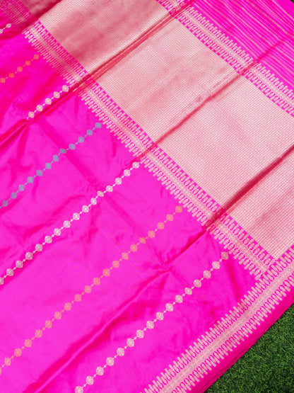 Handwoven Banarasi Katan Silk Kadwa Stripe Saree in Rani Pink