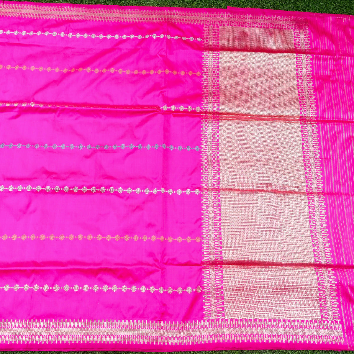 Handwoven Banarasi Katan Silk Kadwa Stripe Saree in Rani Pink