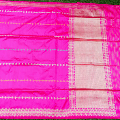 Handwoven Banarasi Katan Silk Kadwa Stripe Saree in Rani Pink