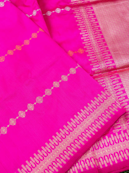 Handwoven Banarasi Katan Silk Kadwa Stripe Saree in Rani Pink