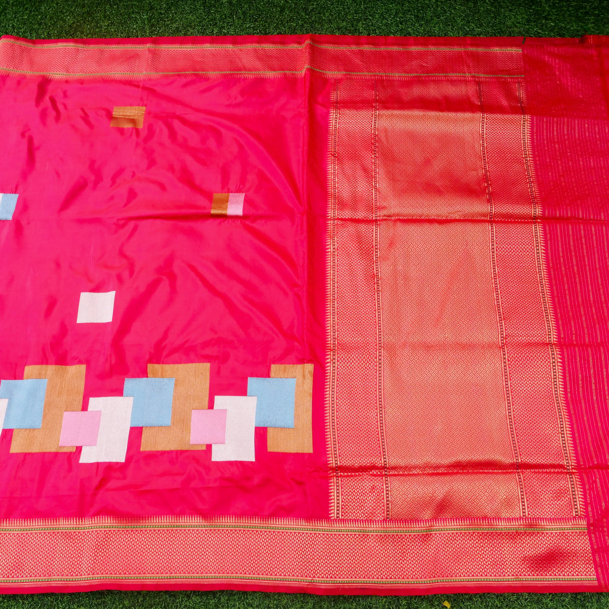 Handwoven Banarasi Katan Silk Double Tani Saree in Cerise Pink