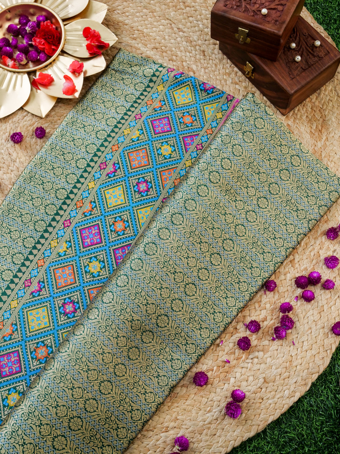Handwoven Banarasi Katan Silk Patola Border Saree in Bottle Green and Blue