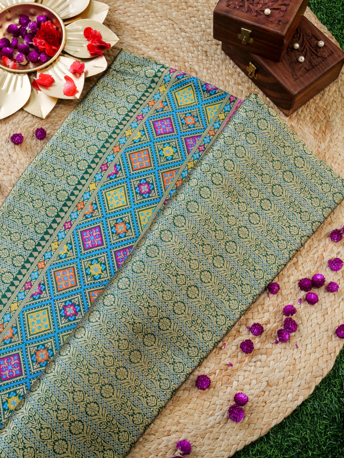 Handwoven Banarasi Katan Silk Patola Border Saree in Bottle Green and Blue