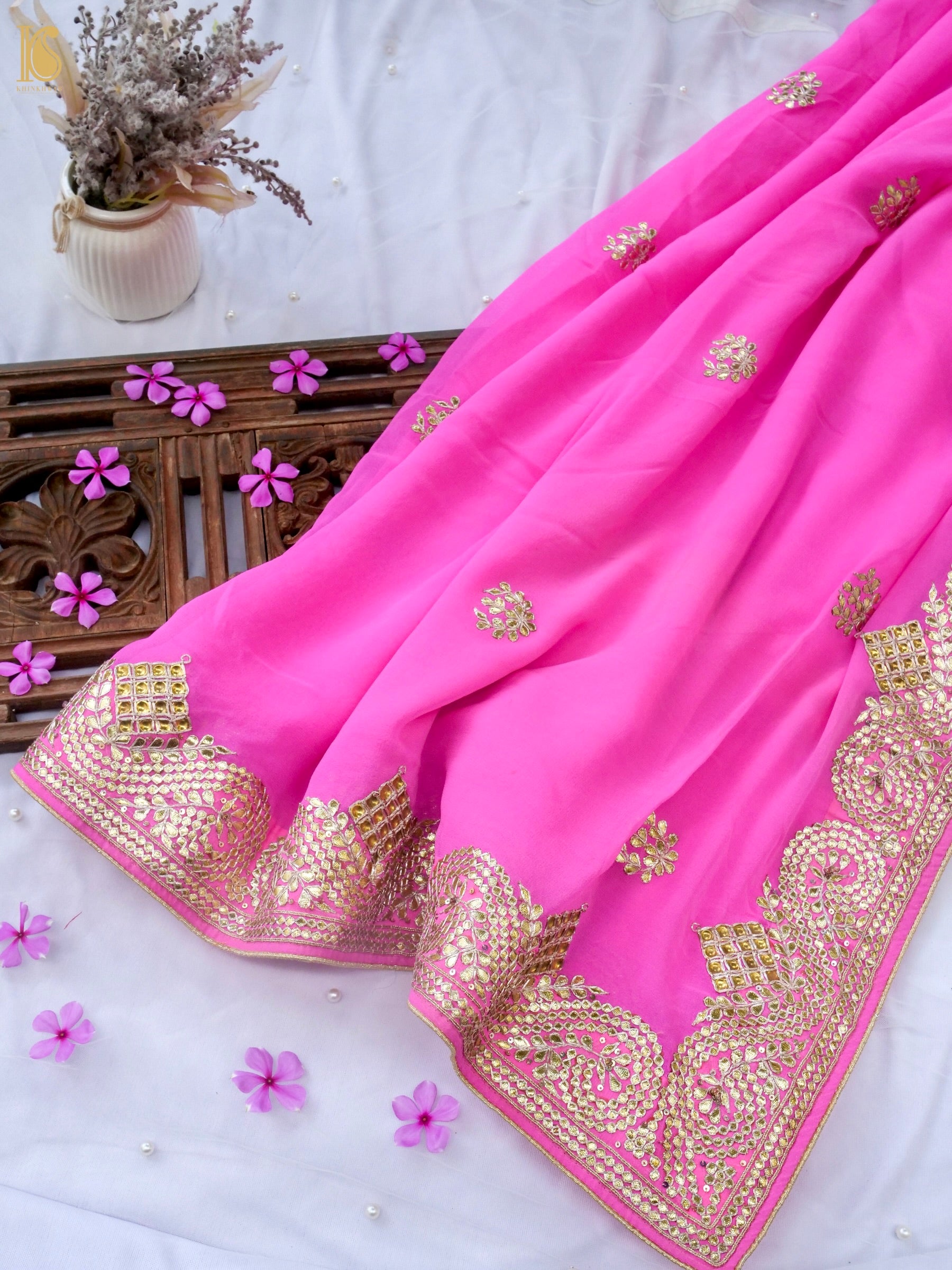 Hand Embroidered Georgette Saree in Pink