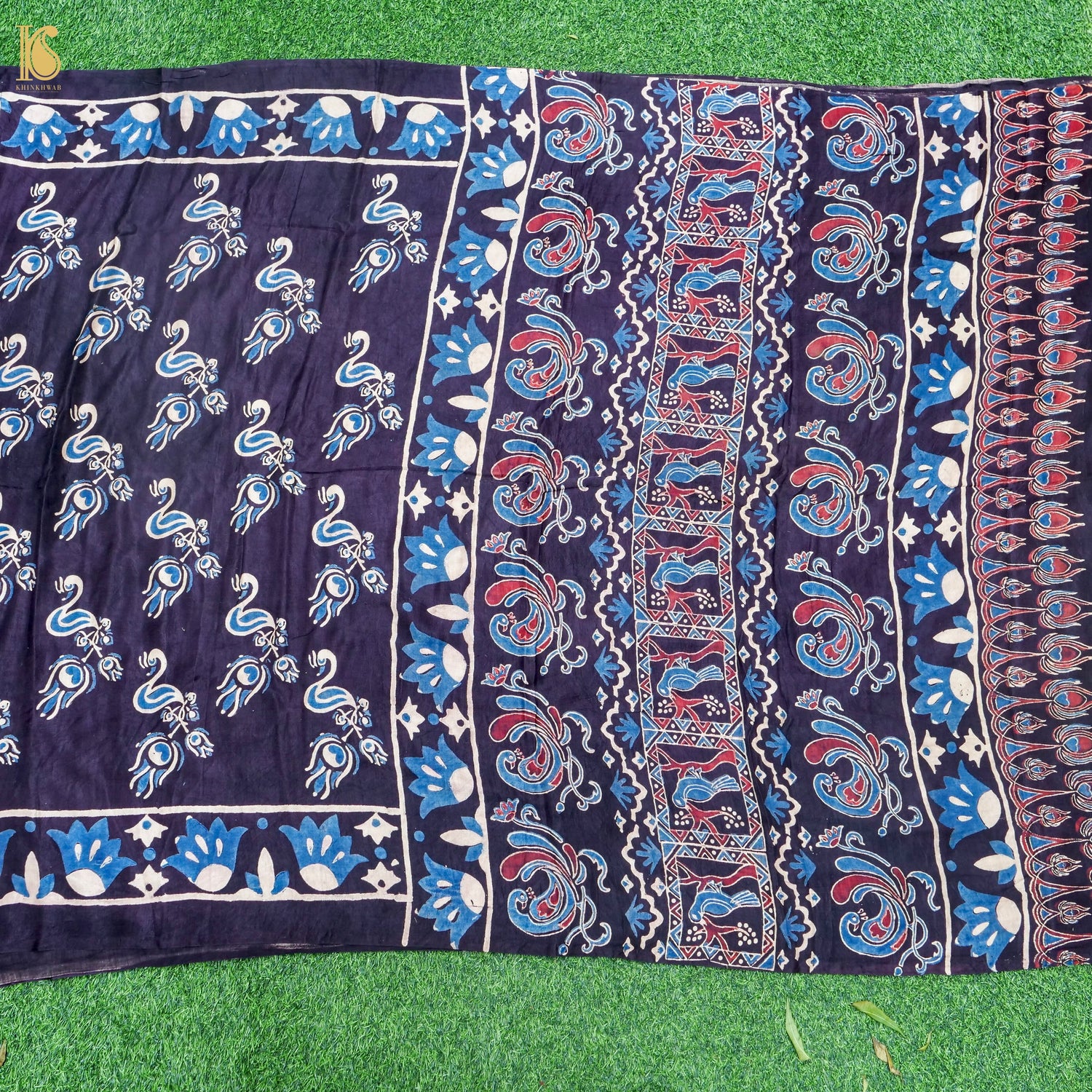 Hand Block Printed Gajji Silk Ajrakh Saree in Black