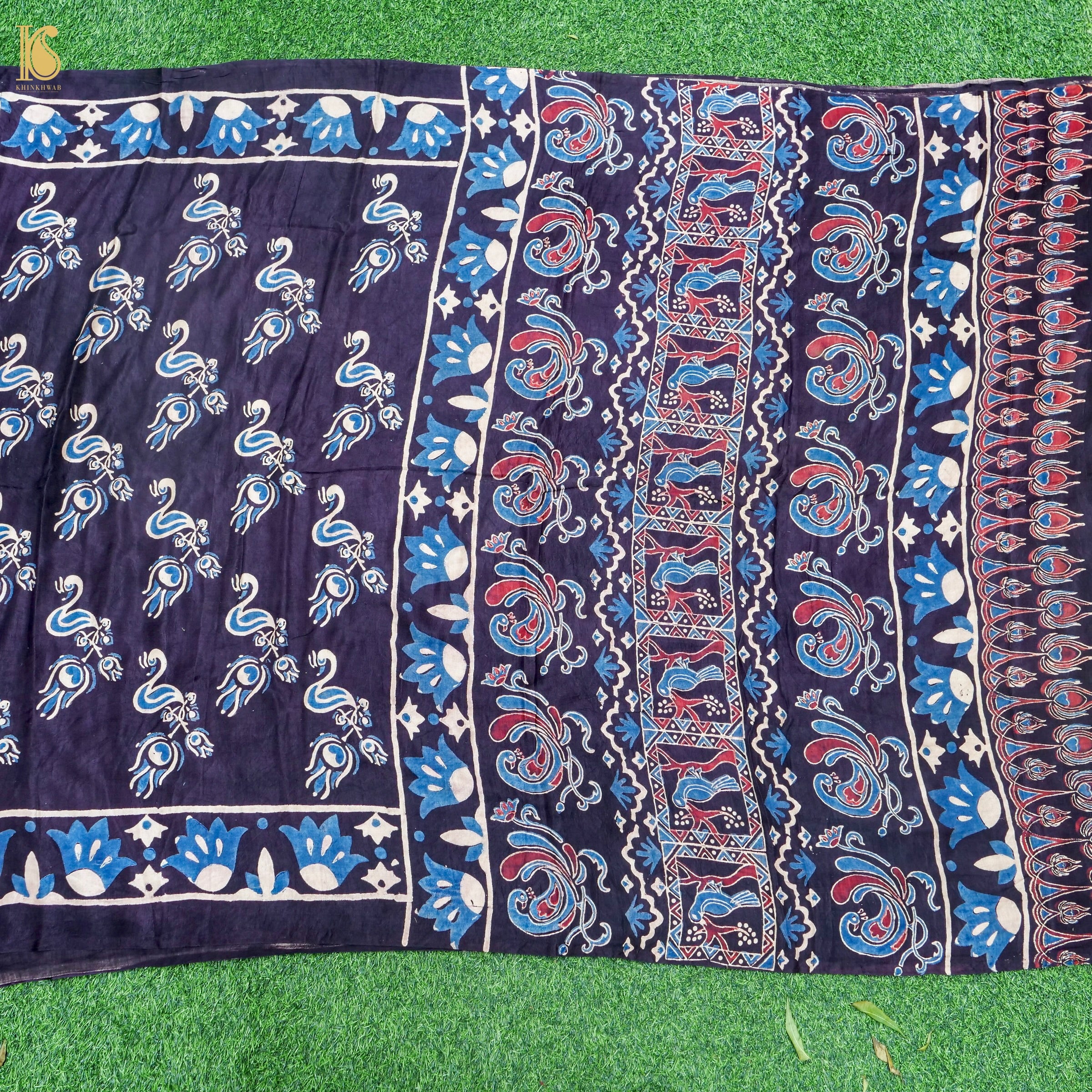 Hand Block Printed Gajji Silk Ajrakh Saree in Black