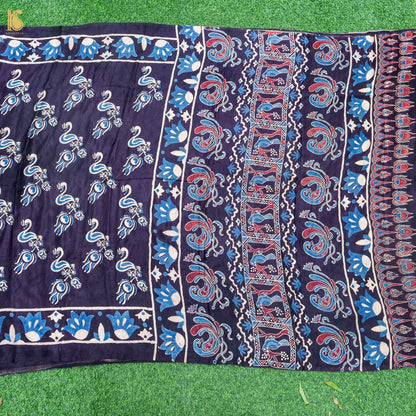 Hand Block Printed Gajji Silk Ajrakh Saree in Black