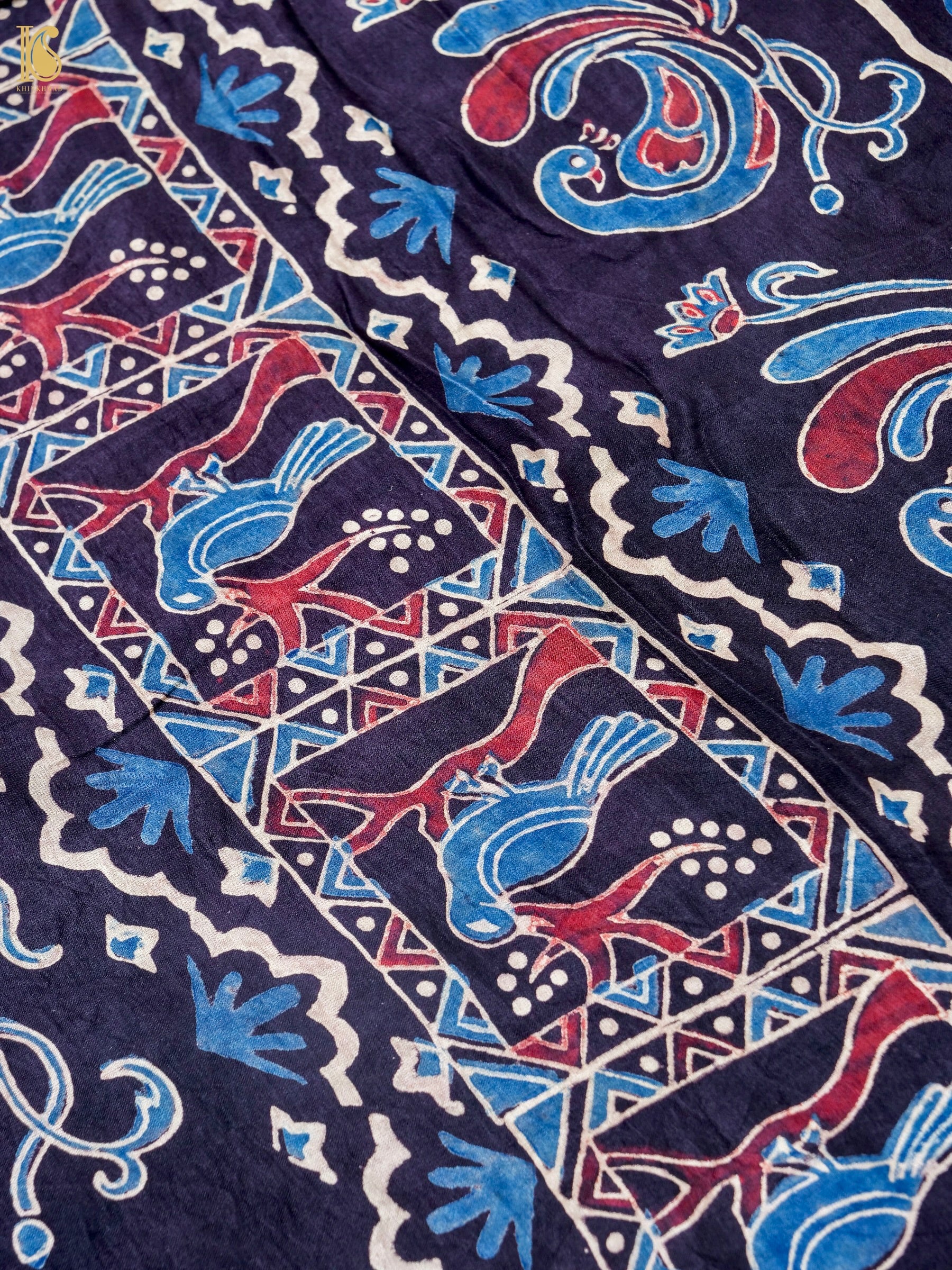 Hand Block Printed Gajji Silk Ajrakh Saree in Black