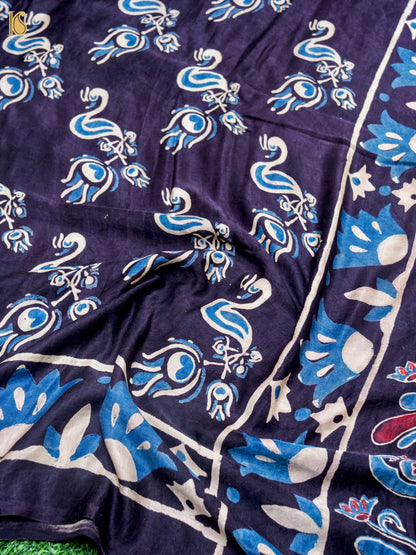 Hand Block Printed Gajji Silk Ajrakh Saree in Black