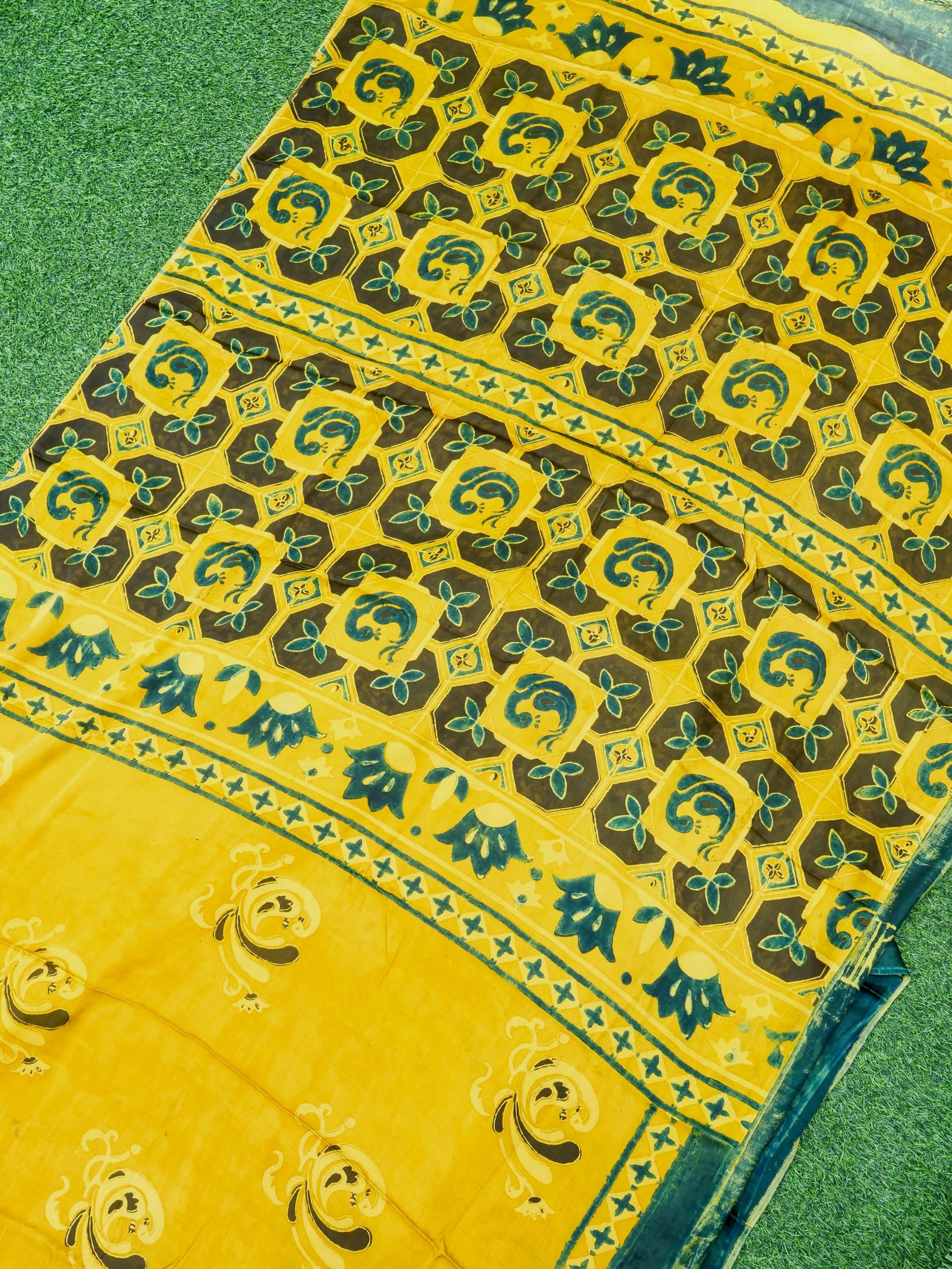 Hand Block Printed Ajrakh Modal Silk Saree in Mustard Yellow - Pakshi