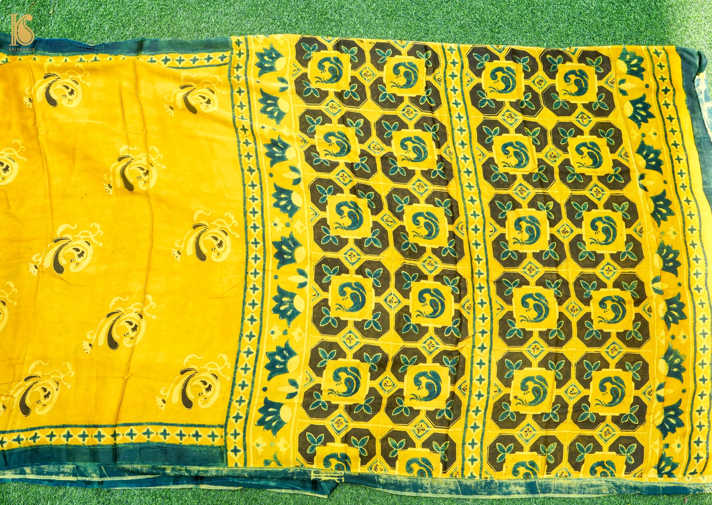 Hand Block Printed Ajrakh Modal Silk Saree in Mustard Yellow - Pakshi