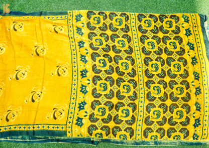 Hand Block Printed Ajrakh Modal Silk Saree in Mustard Yellow - Pakshi