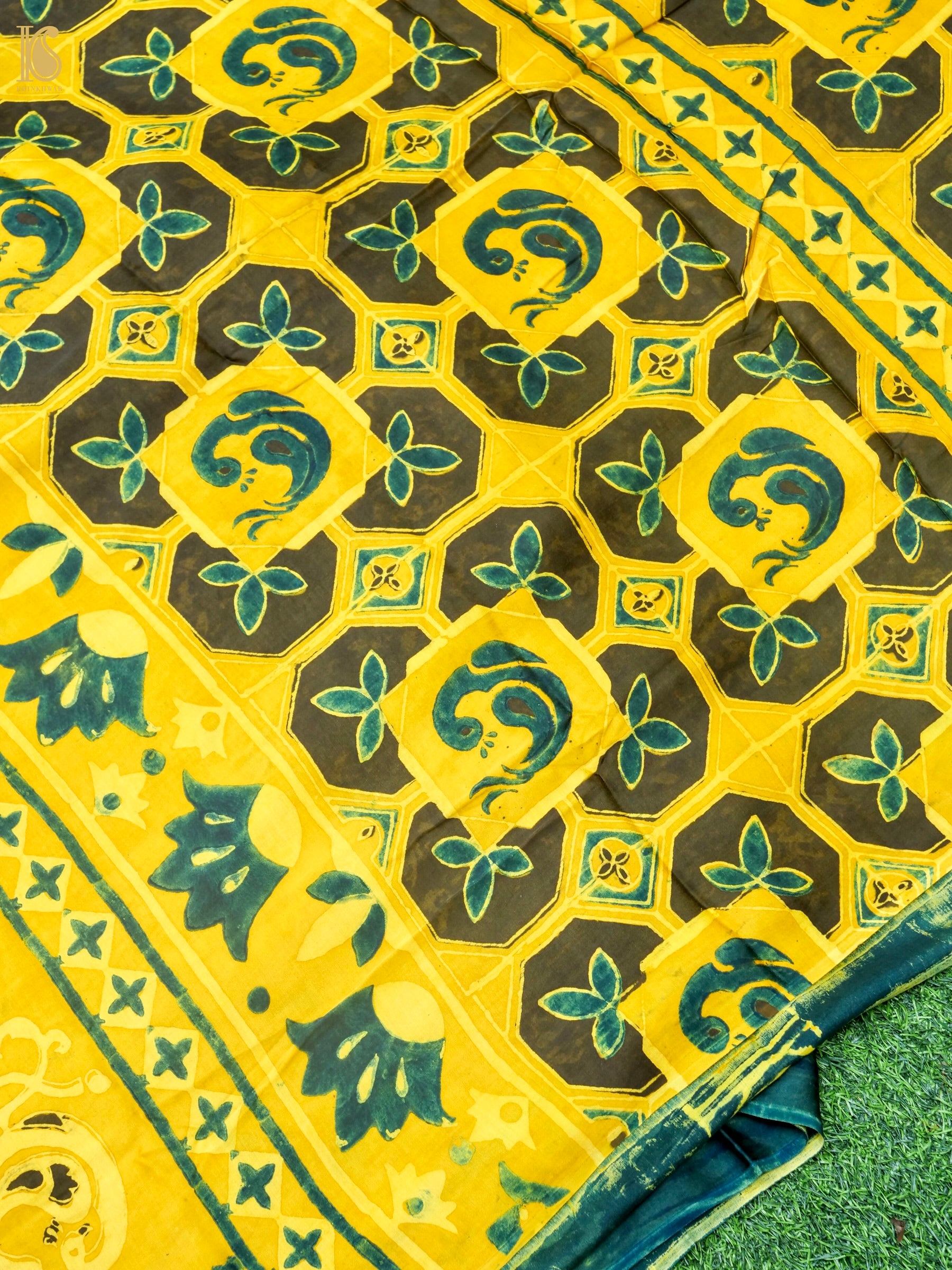Hand Block Printed Ajrakh Modal Silk Saree in Mustard Yellow - Pakshi