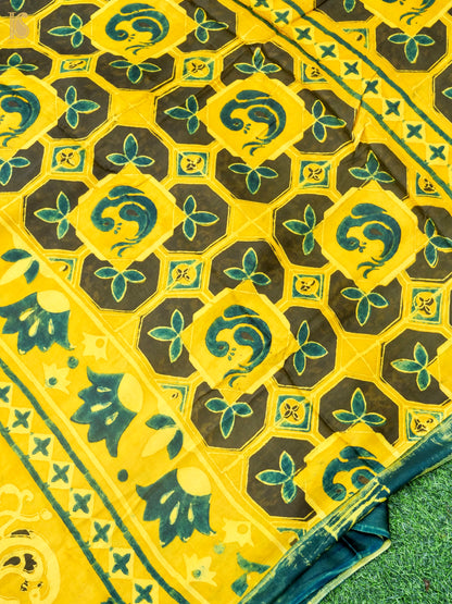 Hand Block Printed Ajrakh Modal Silk Saree in Mustard Yellow - Pakshi