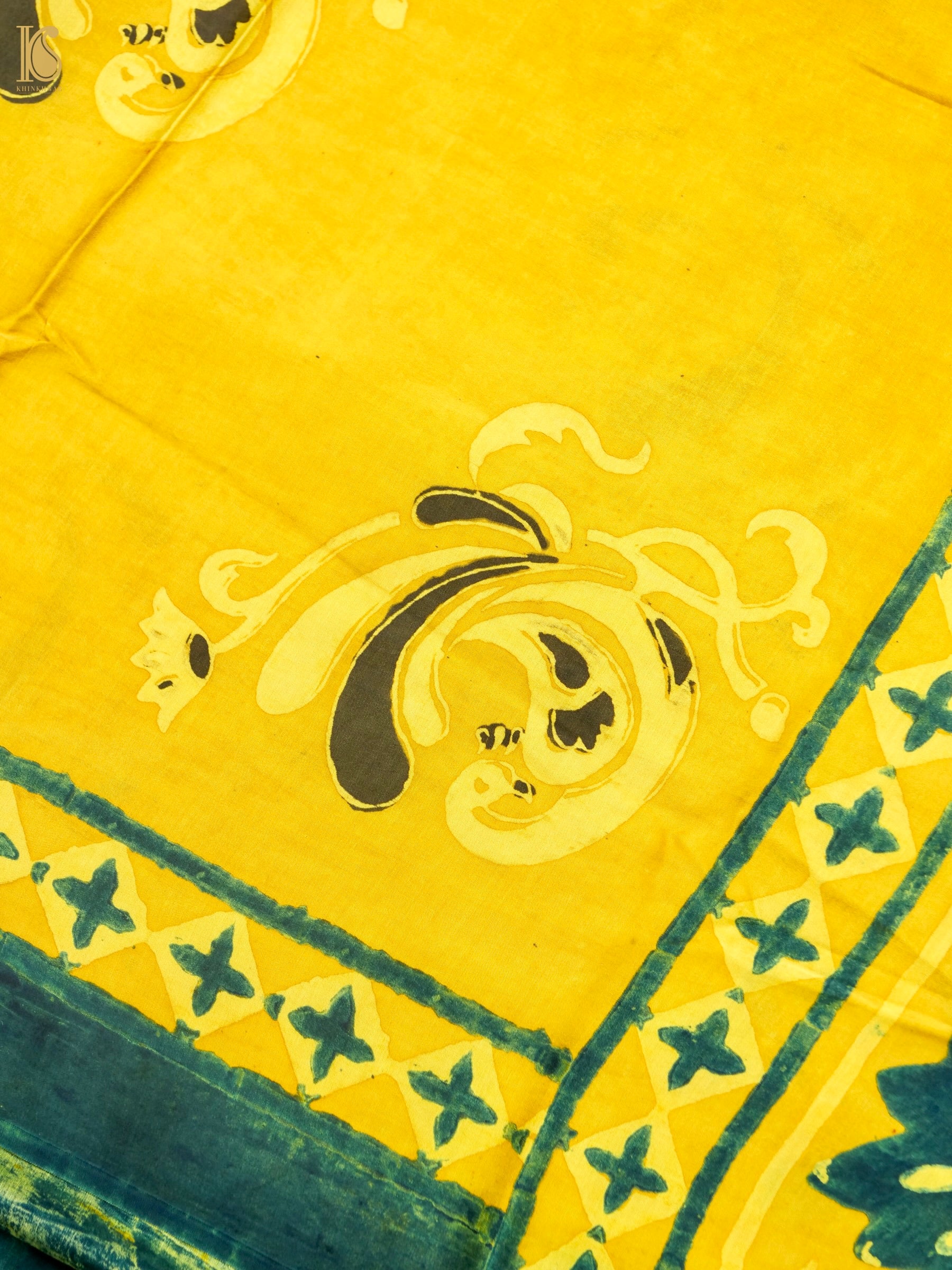 Hand Block Printed Ajrakh Modal Silk Saree in Mustard Yellow - Pakshi