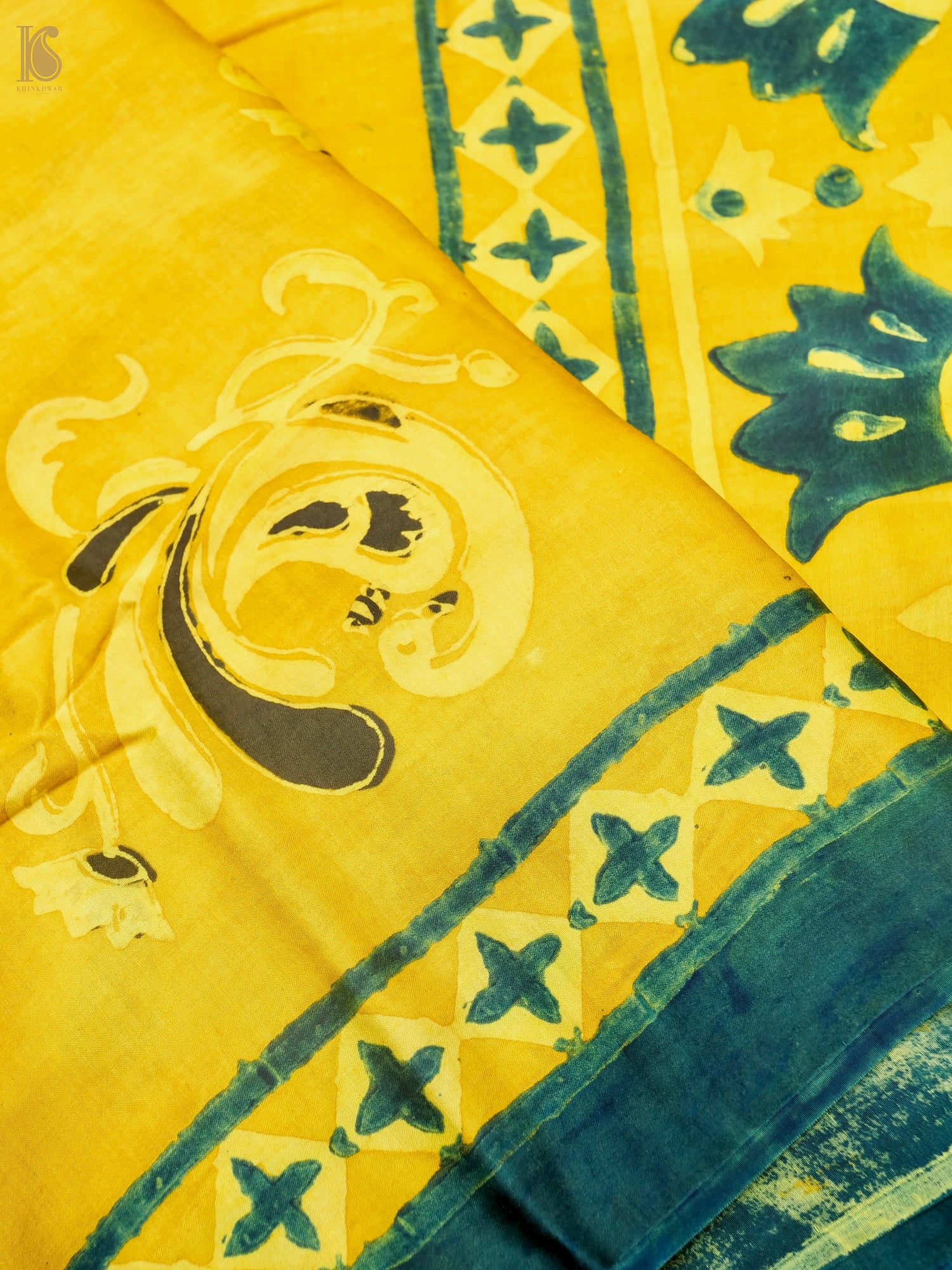 Hand Block Printed Ajrakh Modal Silk Saree in Mustard Yellow - Pakshi