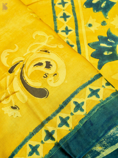 Hand Block Printed Ajrakh Modal Silk Saree in Mustard Yellow - Pakshi