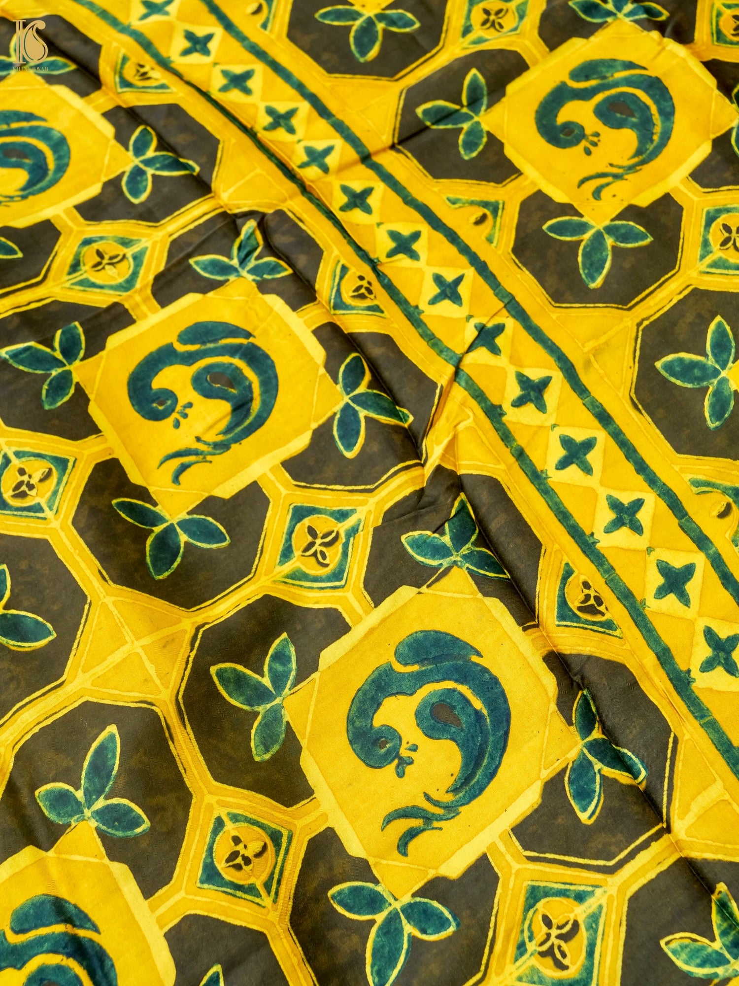 Hand Block Printed Ajrakh Modal Silk Saree in Mustard Yellow - Pakshi