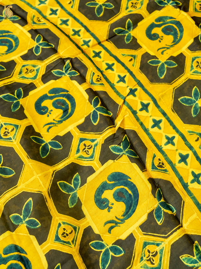 Hand Block Printed Ajrakh Modal Silk Saree in Mustard Yellow - Pakshi