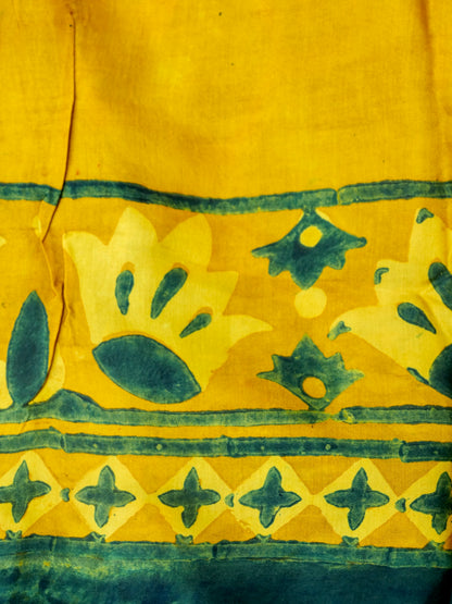 Hand Block Printed Ajrakh Modal Silk Saree in Mustard Yellow - Pakshi