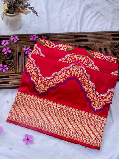Handwoven Banarasi Silk Kadwa Zig Zag Saree in Red