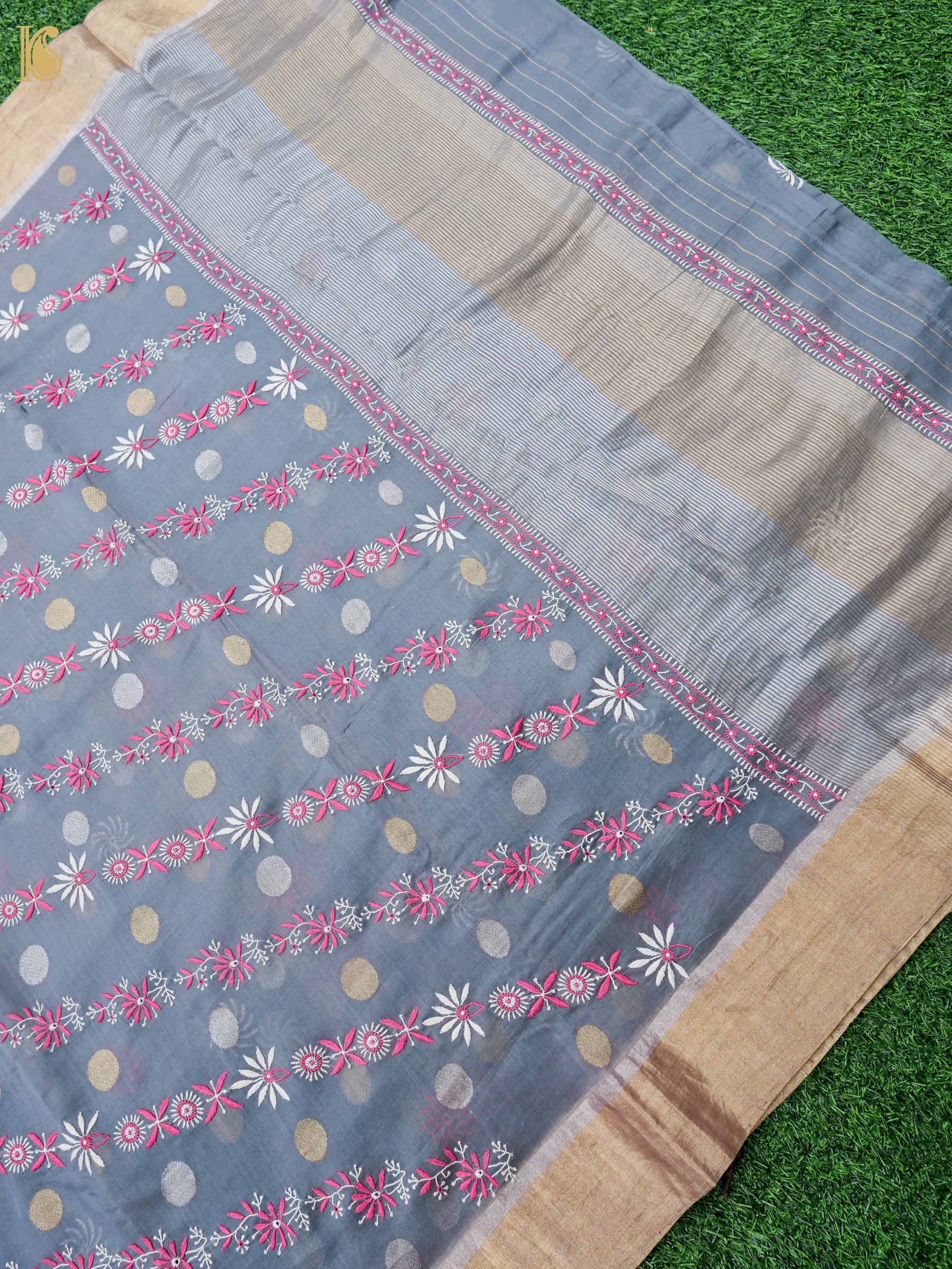 Hand Embroidered Chikankari Chanderi Saree in Grey