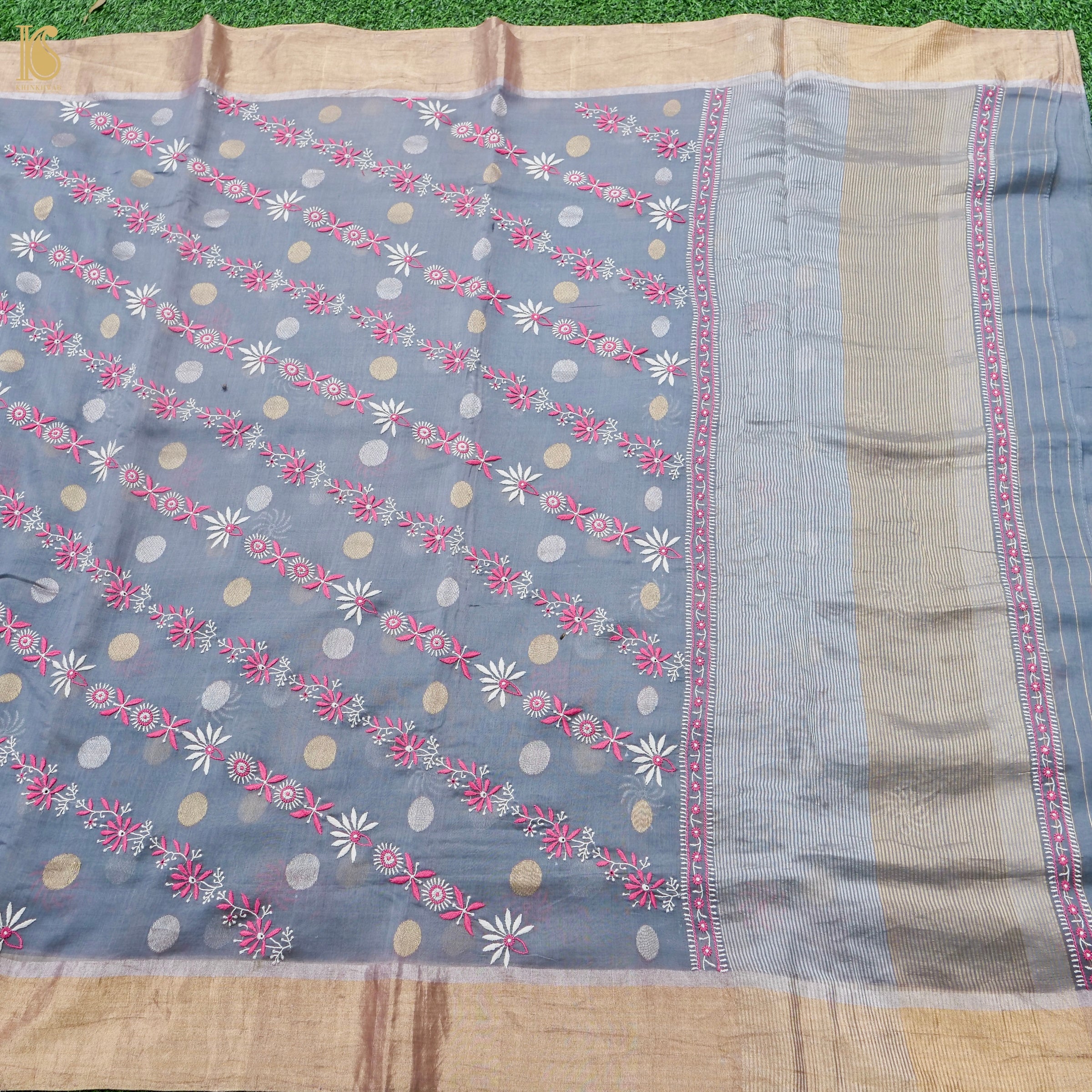 Hand Embroidered Chikankari Chanderi Saree in Grey