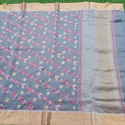 Hand Embroidered Chikankari Chanderi Saree in Grey