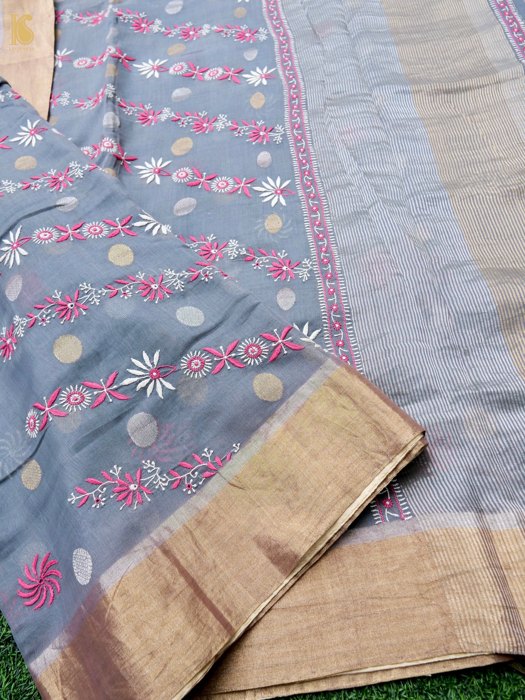 Hand Embroidered Chikankari Chanderi Saree in Grey