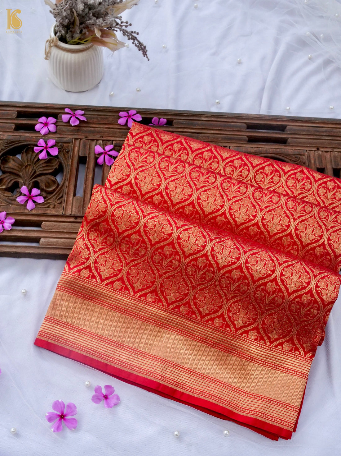 Handwoven Banarasi Zari Tanchoi Silk Saree in Red